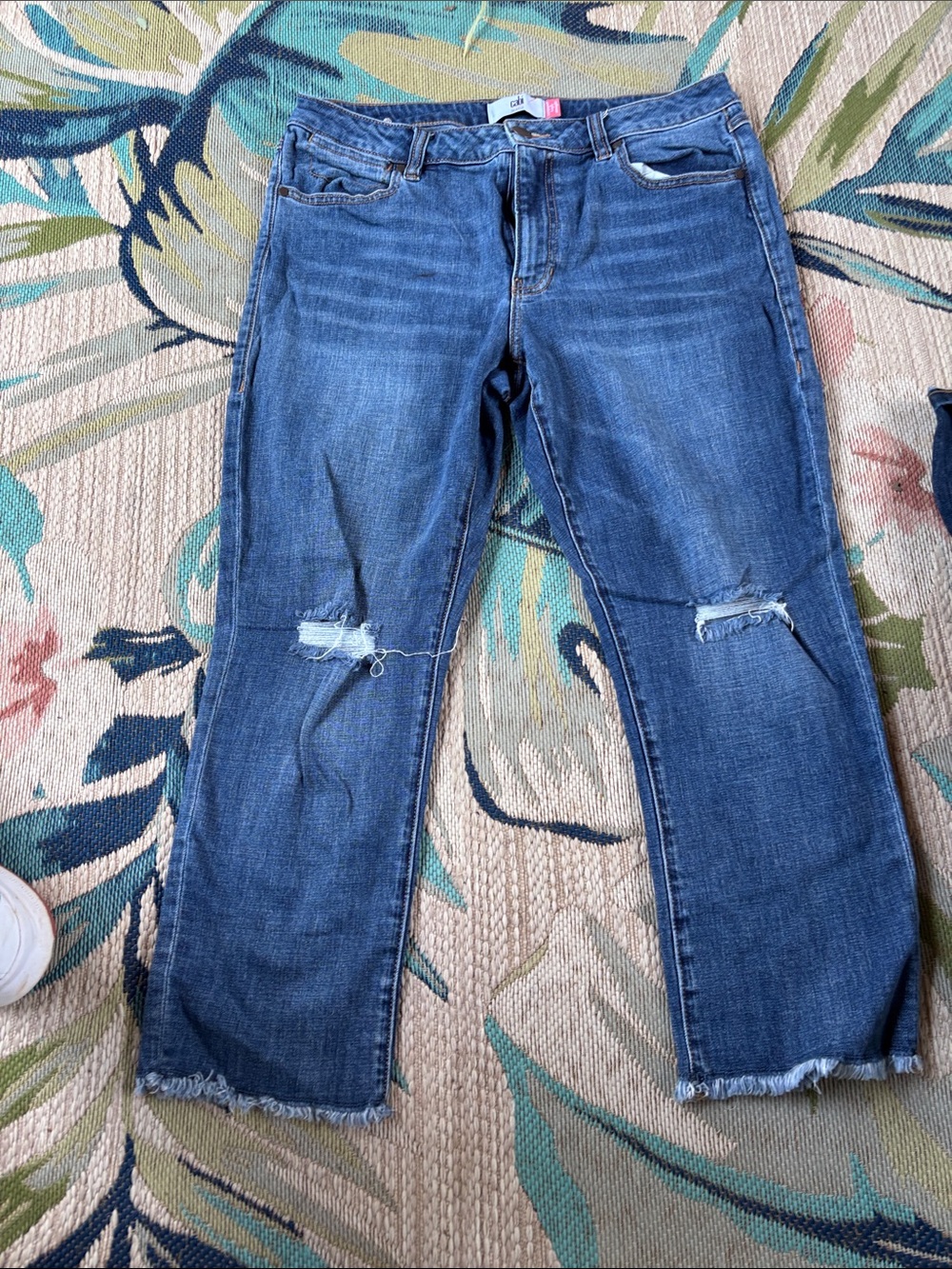 CAbi Indigo Mid-Blue Straight Leg Jeans with Knee Distress